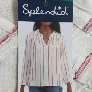 SPLENDID Linen Blend Blouse Womens XL Yoked Red White Strip V Neck Shirt Top NWT